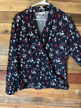 LOFT Navy Floral Faux-Wrap Blouse with Red and White Accent